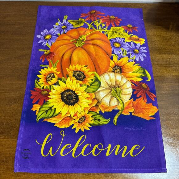 Welcome Fall Garden Flag Small Autumn Flowers Pumpkins Sunflowers 12x18 - Picture 1 of 5